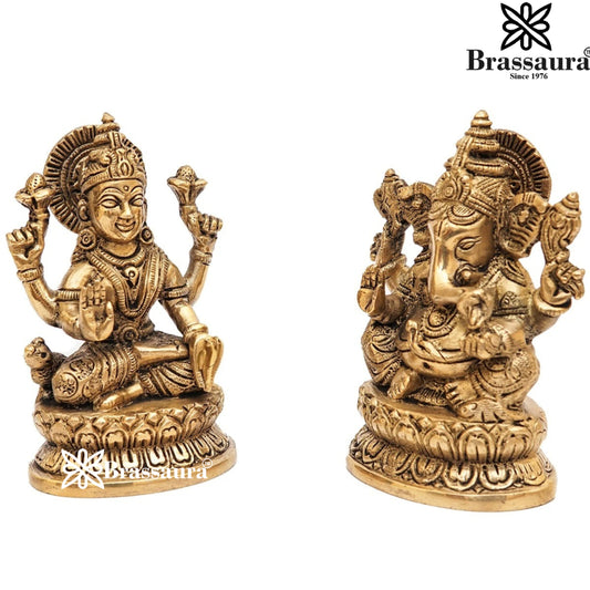 Brassaura® Lakshmi Ganesha Brass Idol Set with Meenakari Stonework | Decorative Mandir Style Murti Pair | Height 8 Inches