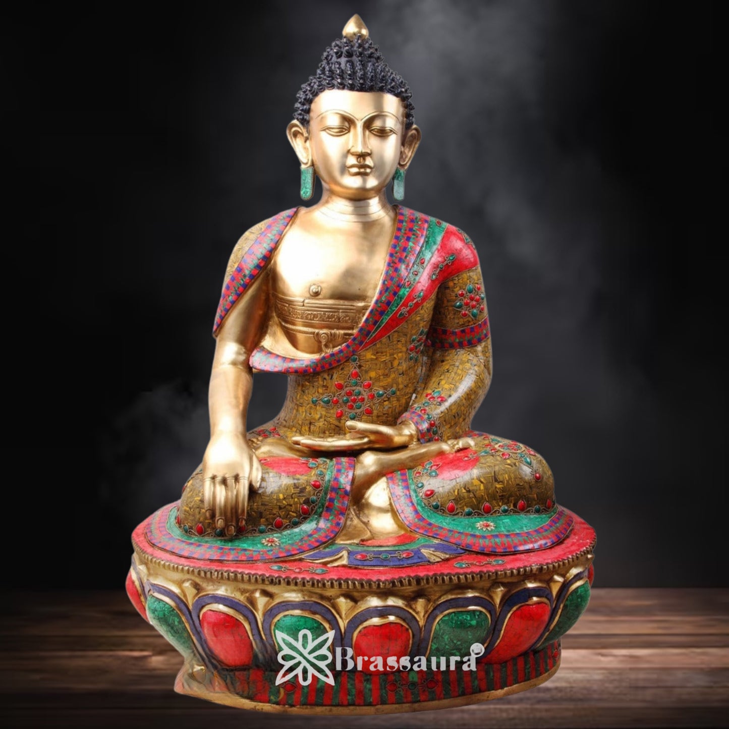 Brass Bhumisprasa Gem Stone Work Buddha Weight 83 kg & Height 46 Inch