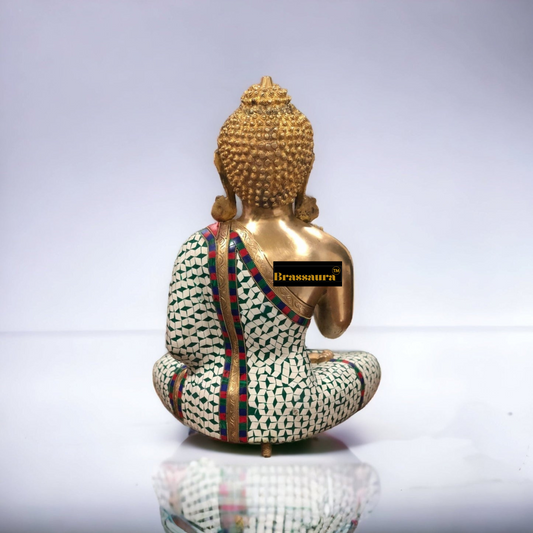 Brassaura™ Brass Buddha Statue – Height 20 Inches | Weight 18 Kgs | White Stonework