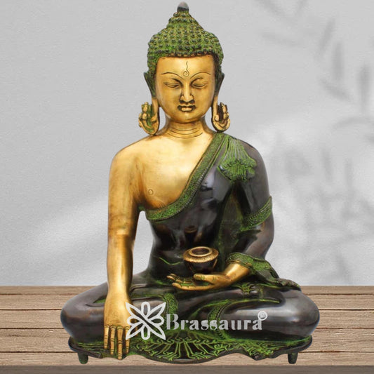 Brassaura® Antique Buddha Idol for Home & Décor | Pure Superfine Brass Handcrafted Murti, Brass Statue for Home Temple, Pooja Room | Height 16 Inches | Weight 9.7 Kg