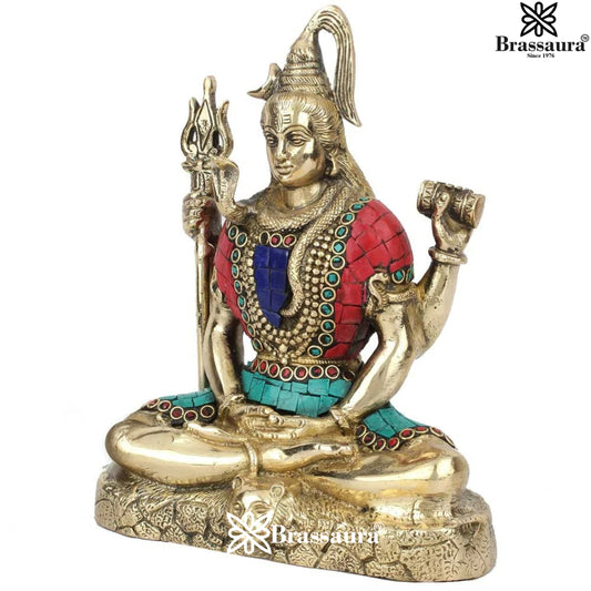 Brassaura™ Luxurious Brass Lord Shiva Murti with Gemstones – Height 9 Inches & Weight 2.8 Kgs | Spiritual Décor