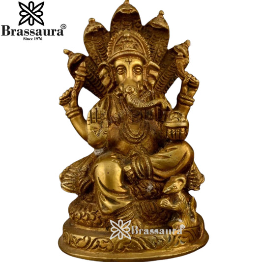 Brassaura™ Brass Ganesha Idol | Height 4.7 Inches & Weight 0.875 Kg