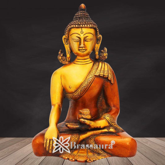 Brassaura® Antique Buddha Idol for Home & Décor | Pure Superfine Brass Handcrafted Murti, Brass Statue for Home Temple, Pooja Room | Height 8 Inches | Weight 2 Kg