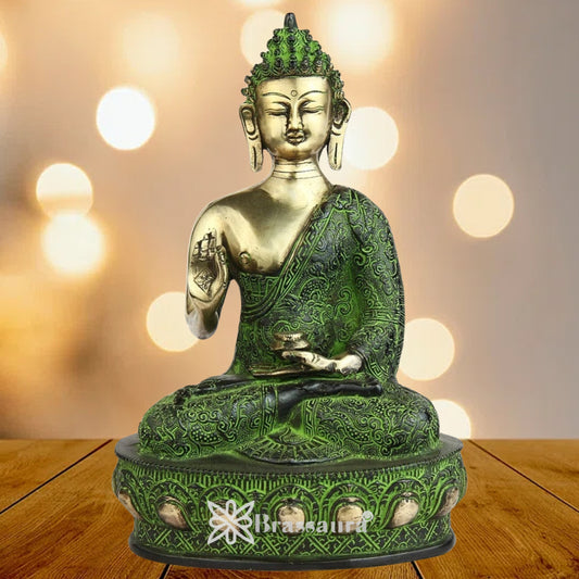 Brassaura® Buddha Seated Blessing Idol with Golden And Green Finish | Pure Superfine Brass Handcrafted Murti | Brass Statue for Home Temple, Pooja Room | Height 11 Inches | Weight 4.5 Kgs