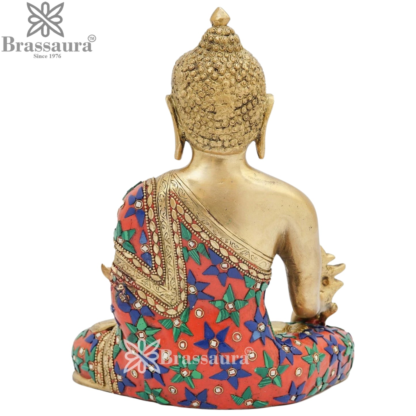 Brass Bhumisprasa Gem Stone Work Multicolored Buddha Weight 4.2 kg & Height 10 Inch