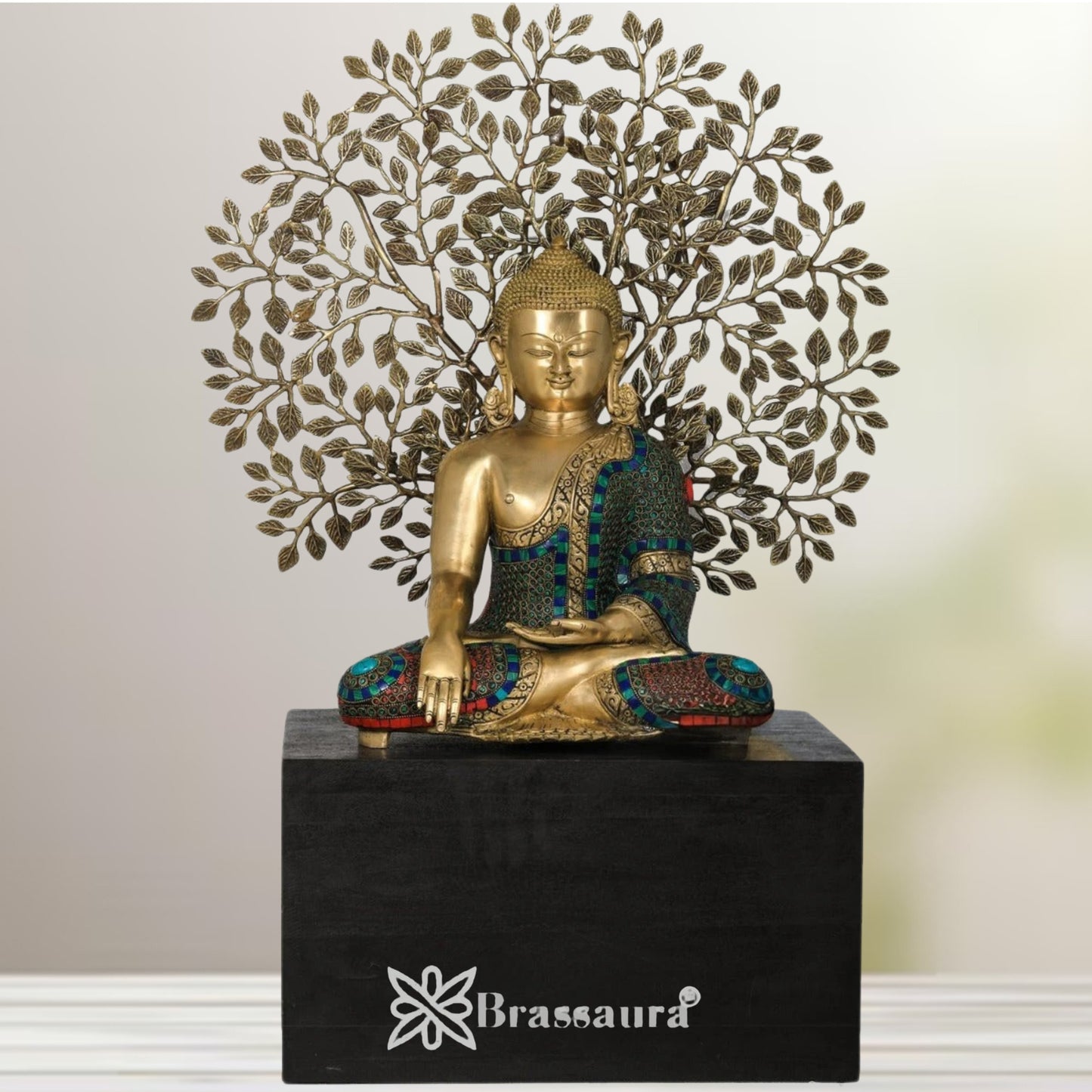 Brass Gem Stone Work Tree Buddha Weight 30 kg & Height 34 Inch