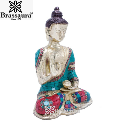 Brassaura® Buddha Sitting in Blessing Mudra Idol with Gem Stone Work Finish | Pure Superfine Brass Handcrafted Murti | Brass Statue for Home Temple, Pooja Room | Height 10.5 Inches | Weight 3.8 Kgs