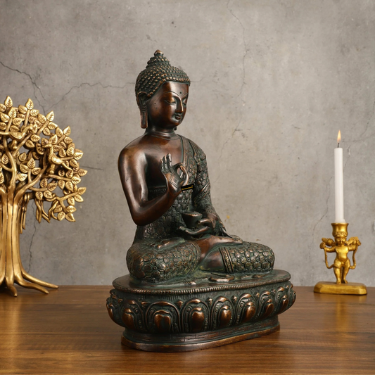 Brassaura® Buddha Sitting in Blessing Mudra with Antique Dark Brass Finish | Pure Superfine Brass Handcrafted Murti | Brass Statue for Home Temple, Pooja Room | Height 13.5 Inches | Weight 6.8 Kgs