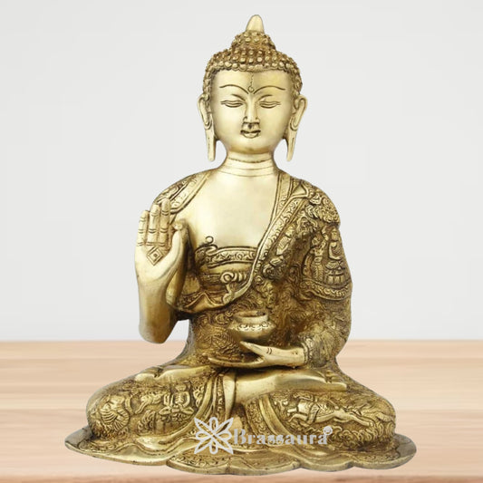 Brassaura® Buddha Seated Blessing Idol with Golden Brass Finish | Pure Superfine Brass Handcrafted Murti | Brass Statue for Home Temple, Pooja Room | Height 13 Inches | Weight 4.9 Kgs