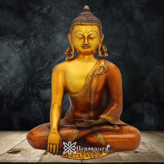 Brassaura® Brass Antique Buddha Idol in Seated Meditation Pose – Pure Superfine Brass Handcrafted Murti, Brass Statue for Home Temple, Pooja Room – 12 Inch, 6 Kg