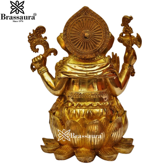 Brassaura® Lord Ganesha Sitting on Lotus Base | Brass Idol | Height 16 Inches