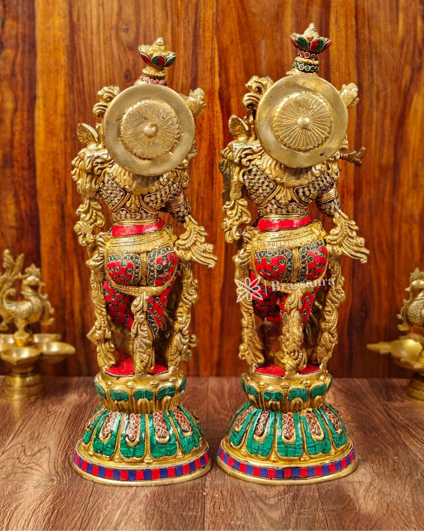 Brassaura™ Handcrafted Radha Krishna Statues – 21 Inch Height, 19 Kg Pair | Brass & Natural Stone Embellished