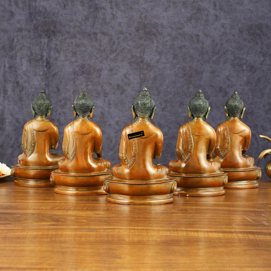 Brassaura™ Brass Set of 5 Dhyani Buddha Statues – Height 8 Inches Each, Total Weight 8.82 Kgs