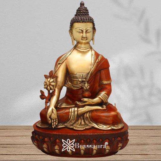 Brassaura® Brass Classic Buddha Idol with Red Robe & Lotus in Seated Meditation Pose – Pure Superfine Brass Handcrafted Murti, Brass Statue for Home Temple, Pooja Room – 18 Inch, 9.6 Kg