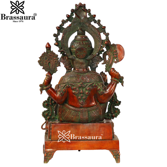 ब्रासौर® विंटेज फ़िनिश सिंहासन पर गणेश पीतल प्रतिमा | दोहरी टोन फ़िनिश के साथ शुद्ध पीतल | ऊंचाई 27 इंच