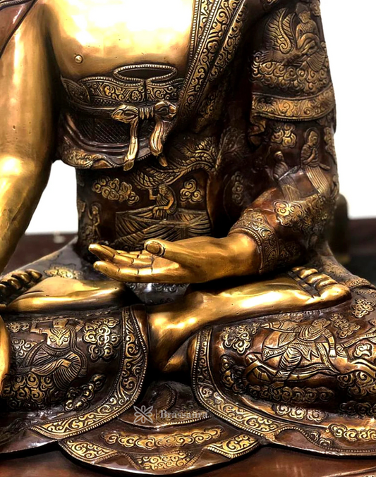 Brassaura® Buddha Sitting in Bhumisparsha Mudra with Engraved Life Story & Antique Black-Gold Finish | Pure Superfine Brass Handcrafted Murti | Brass Statue for Home Temple, Pooja Room | Height 33 Inches | Weight 48 Kgs