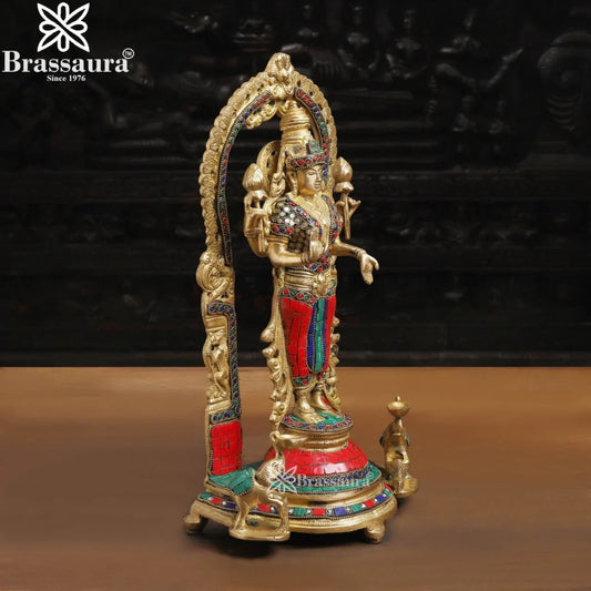 Brassaura™ Brass Gem Stone Work Laxmi Idol – Height 15.5 Inches & Weight 6.02 Kgs | Puja Room Hindu Murti