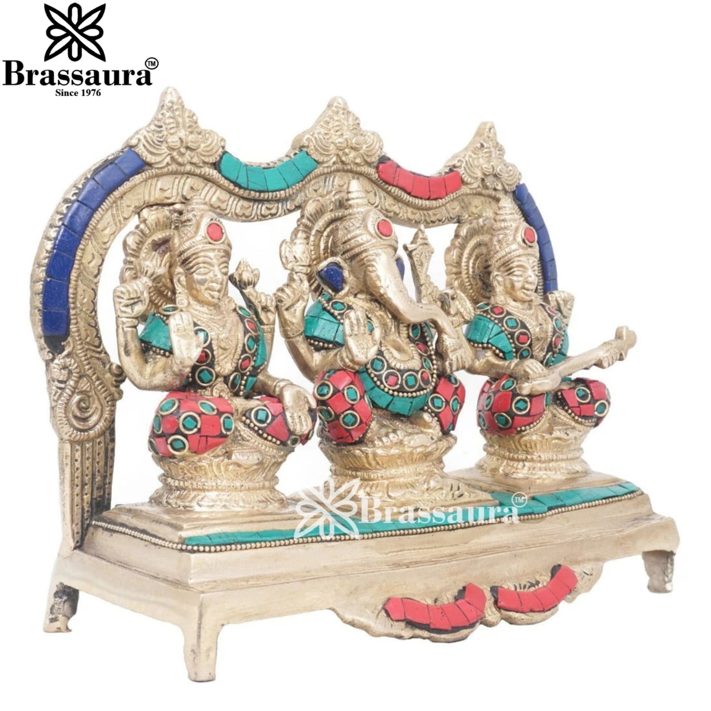 Brassaura™ Artistic Brass Gemstone Laxmi Ganesha Saraswati Statue – Height 7 Inches & Weight 3.8 Kgs | Puja Room Idol
