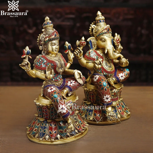 Brass Gem Stone Work Lakshmi Ganesh Murti Weight 17.87 Kg And Height 14.5 Inch