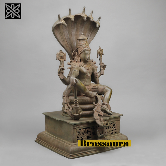 Brassaura® Antique Finish Brass Lord Vishnu Seated on Sheshanaag Statue | 29 Inches Height | Intricately Crafted