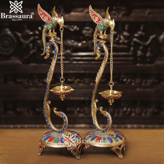 Brass Gem Stone Work Parrot Hanging Diya Weight 10.56 Kg And Height 24 Inch