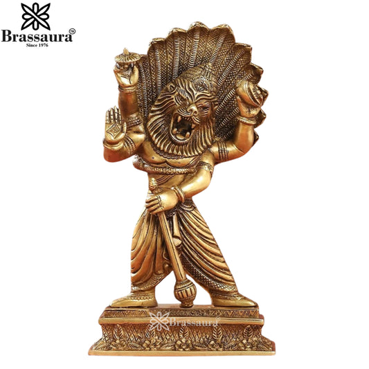 Brassaura® Narasimha Brass Statue | Golden Brass Finish | Height 11.5 Inches