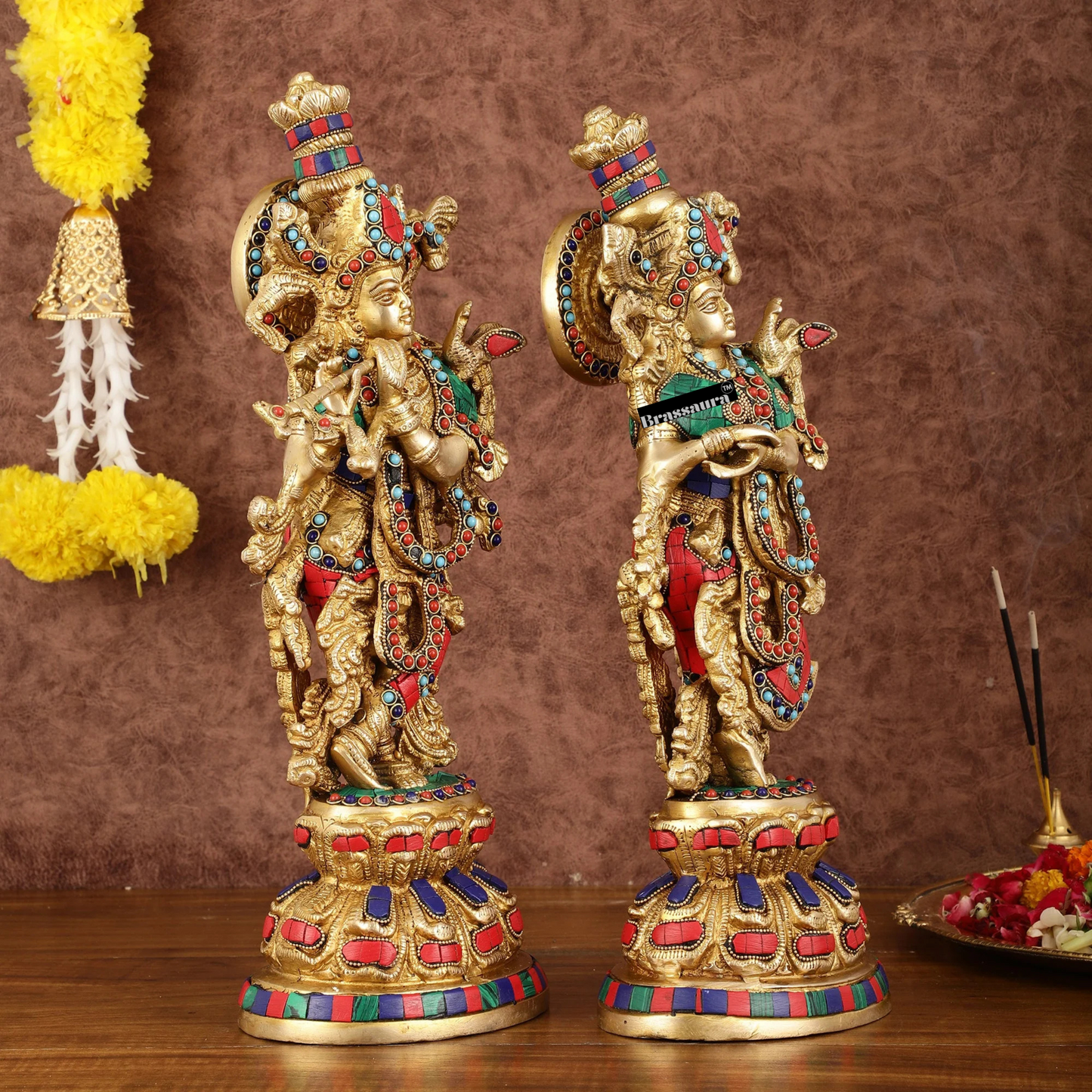 Brassaura™ Intricately Crafted Brass Radha Krishna Idols with Stonework – Height 15 Inches & Weight 10 Kgs | Divine Love Pair