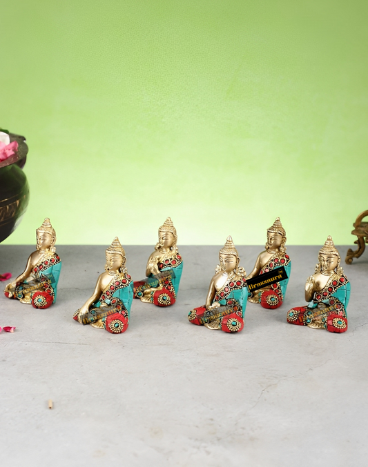 Brassaura™ Set of 6 Miniature Brass Buddha Statues – Height 3 Inches | Weight 3.2 Kgs | Different Mudras