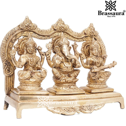 Brassaura™ Artistic Brass Laxmi Ganesha Saraswati Idol – Height 7 Inches & Weight 3.8 Kgs | Spiritual Home Décor