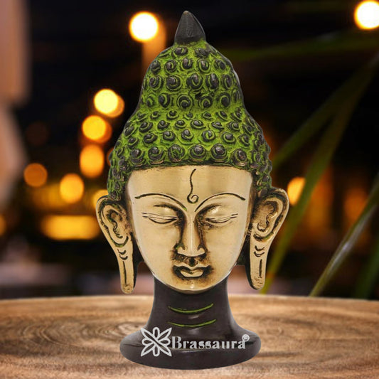 Brassaura® Buddha Bust Idol with Green And Golden Finish | Pure Superfine Brass Handcrafted Murti | Brass Statue for Home Temple, Pooja Room | Height 5 Inches | Weight 1 Kgs
