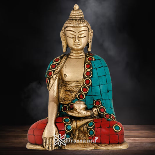 Brassaura® Buddha Seated Meditation Idol with Golden Brass And Multicolor Finish | Pure Superfine Brass Handcrafted Murti | Brass Statue for Home Temple, Pooja Room | Height 6 Inches | Weight 1.3 Kgs