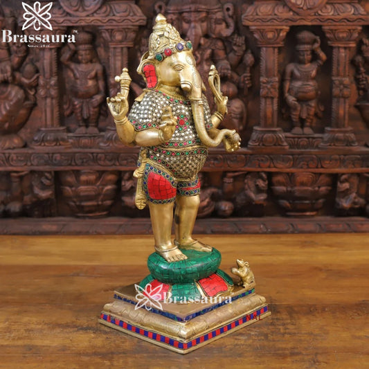 Brass Gem Stone Work Standing Ganesha Weight 11 Kg & Height 19.5 Inch