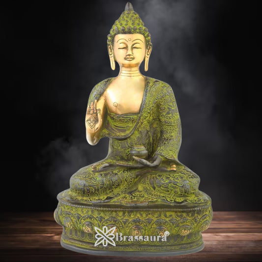 Brassaura® Brass Classic Buddha Idol with Green Antique Finish in Seated Meditation Pose – Pure Superfine Brass Handcrafted Murti, Brass Statue for Home Temple, Pooja Room – 14 Inch, 4.2 Kg