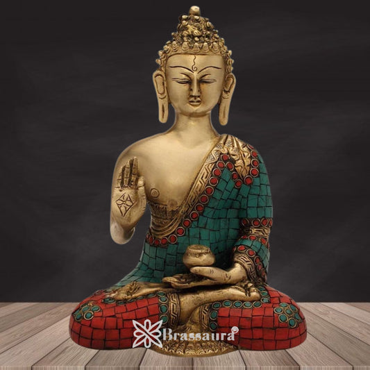 Brassaura® Buddha Seated Blessing Idol with Golden And Multicolor Finish | Pure Superfine Brass Handcrafted Murti | Brass Statue for Home Temple, Pooja Room | Height 10 Inches | Weight 2.7 Kgs