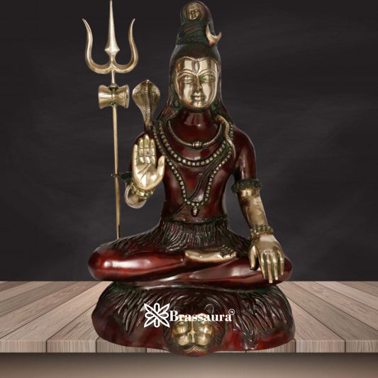 Brassaura® Grand Seated Lord Shiva Statue with Intricate Traditional Detailing | Pure Superfine Brass Handcrafted Murti | Brass Statue for Home Temple, Pooja Room | Height 34 Inches | Weight 35 Kgs