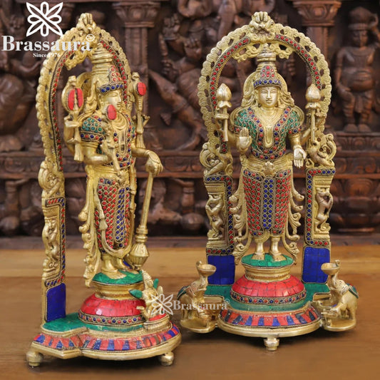 Brassaura™ Brass Gem Stone Work Vishnu Laxmi – Height 16 Inches & Weight 12.46 Kgs | Eternal Divine Pair Idol for Temple & Home Décor
