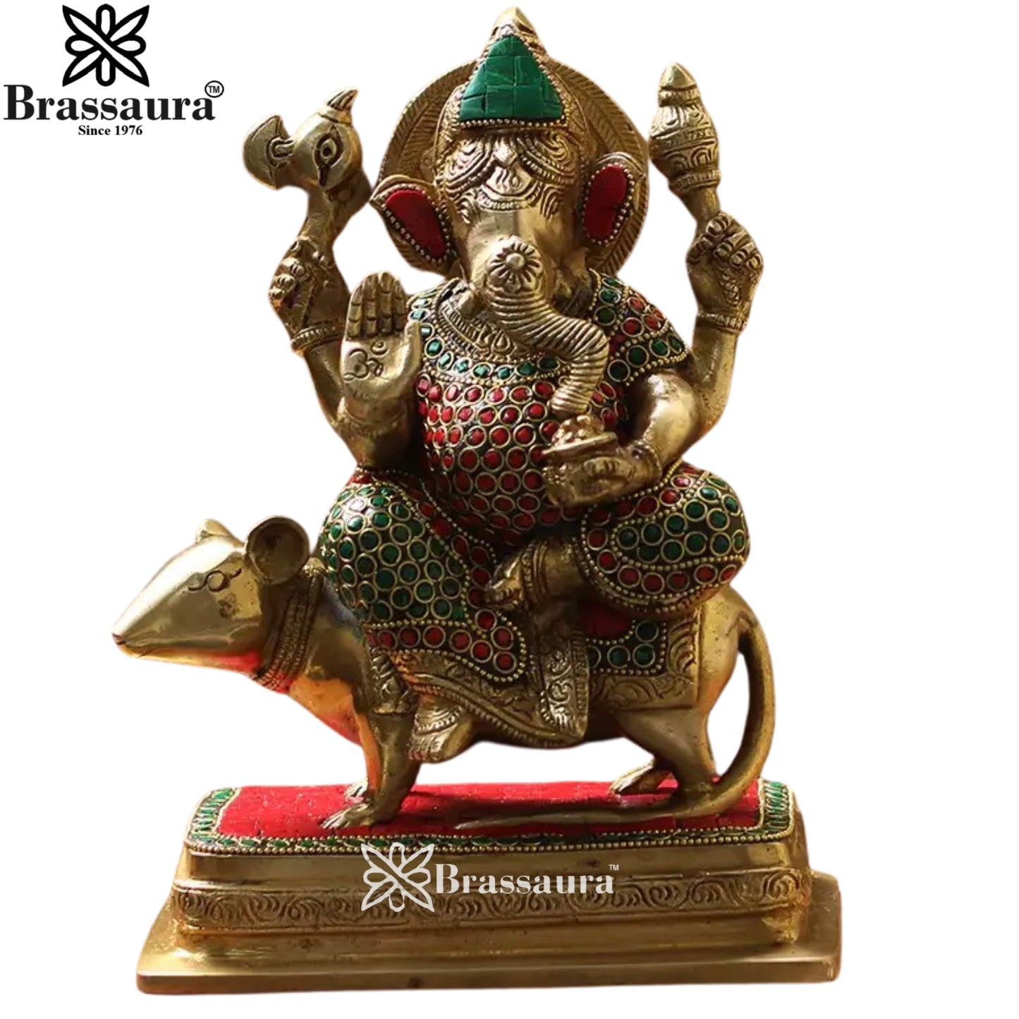 Brass Gem Stone Ganesha On Rat Statue Weight 4 Kg & Height 10 Inch