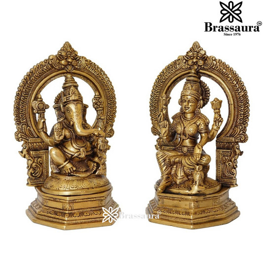 Brassaura™ Brass Laxmi Ganesh Statue – Height 9.5 Inches & Weight 6.4 Kgs | Hindu God Murti