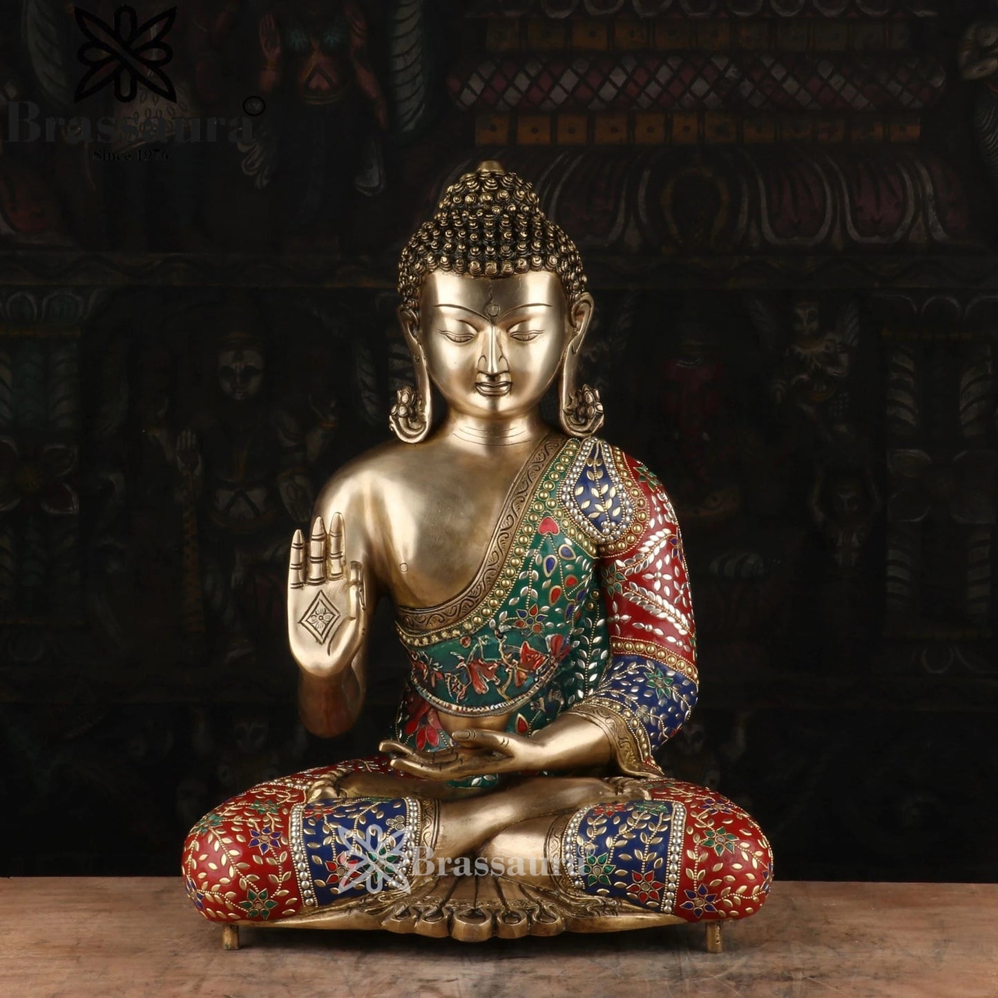 Brass Blessing Gem Stone Work Buddha Weight 19 kg & Height 20 Inch