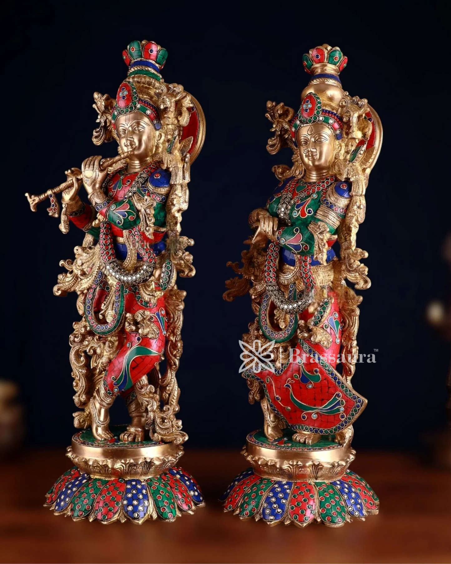 Brassaura™ Handcrafted Brass Radha Krishna Idol Pair with Lotus Base – Height 27 Inches & Weight 40 Kgs | Elegant Devotional Statue