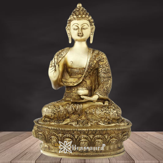 Brassaura® Brass Antique Buddha Idol – Pure Superfine Brass Handcrafted Murti, Brass Statue for Home Temple, Pooja Room – 12 Inch, 3.5 Kg
