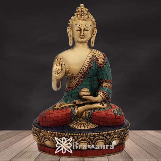 Brassaura® Vintage Buddha Idol for Home & Décor | Pure Superfine Brass Handcrafted Murti, Brass Statue for Home Temple, Pooja Room | Height 12 Inches | Weight 5.6 Kg