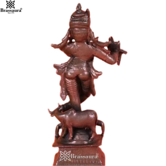 Brassaura® Copper Finish Lord Krishna Playing Flute with Sacred Cow Calf Murti | Handcrafted Idol for Home Temple, Pooja & Spiritual Décor | Height 1.8 Inches | Weight 0.224 Kg