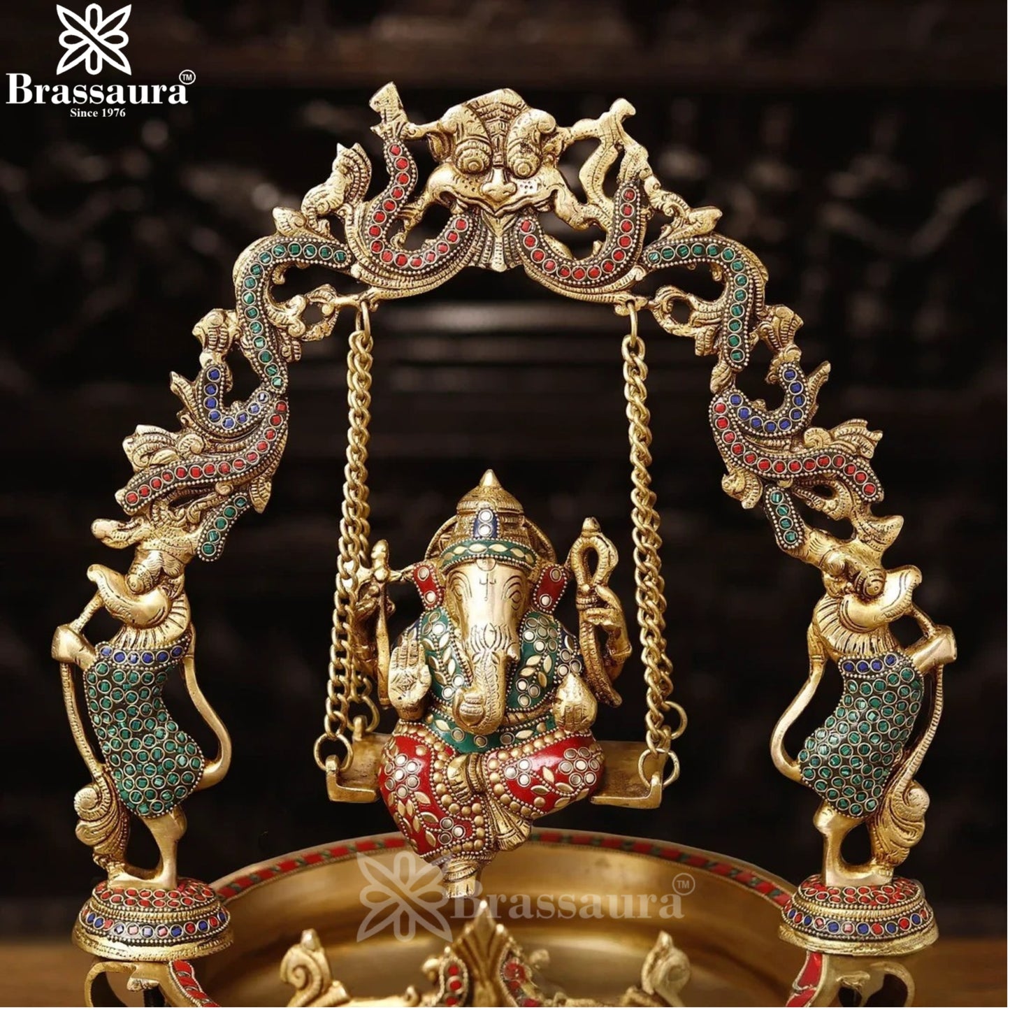 Brass Gem Stone Work Ganesha Urli Statue Weight 12.08 Kg And Height 20 Inch