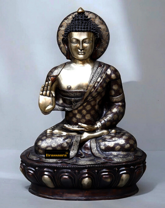 Brassaura® Buddha Sitting in Abhaya Mudra with Chequered Robe & Antique Dual-Tone Finish | Pure Superfine Brass Handcrafted Murti | Brass Statue for Home Temple, Pooja Room | Height 46 Inches | Weight 95 Kgs
