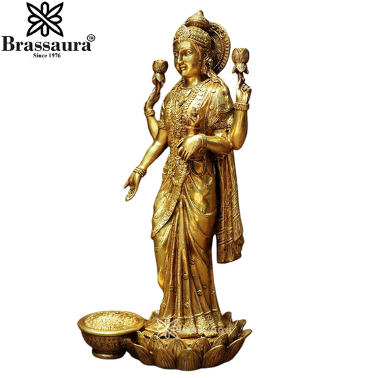 Brassaura™ Artistic Brass Standing Laxmi Idol – Height 25 Inches & Weight 17.2 Kgs | Home & Puja Décor