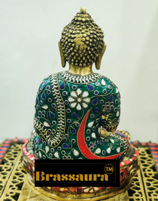 Brassaura™ Fine Brass Buddha Statue in Bhoomisparsha Mudra – Height 10 Inches | Weight 3.8 Kgs | Natural Stones