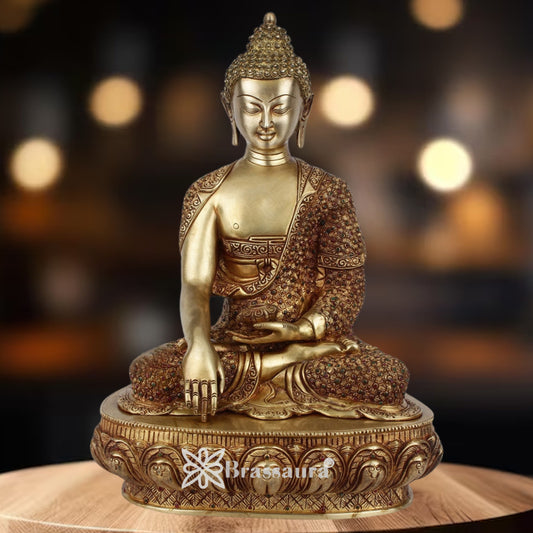 Brassaura® Buddha Bhumisparsha Mudra Sitting Idol with Gem Stone Work Finish | Pure Superfine Brass Handcrafted Murti | Brass Statue for Home Temple, Pooja Room | Height 17 Inches | Weight 11.5 Kgs