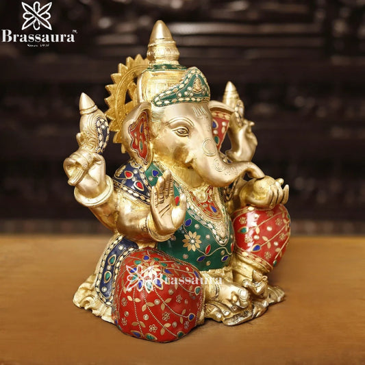 Brass Gem Stone Work Ganesha Weight 11.6 Kg & Height 13.5 Inch