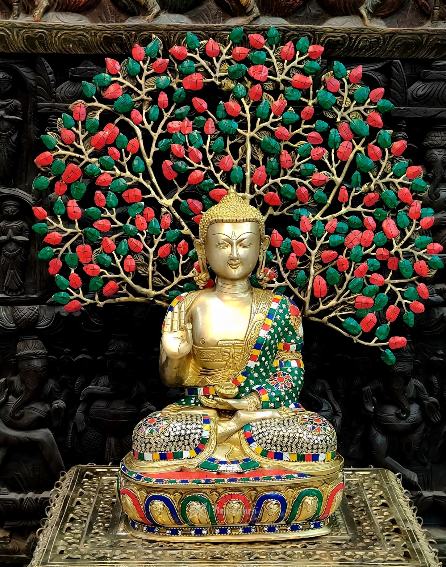 Brassaura™ Pure Brass Buddha Statue with Kalpavriksha – Height 25.5 Inches, Weight 19.5 Kgs